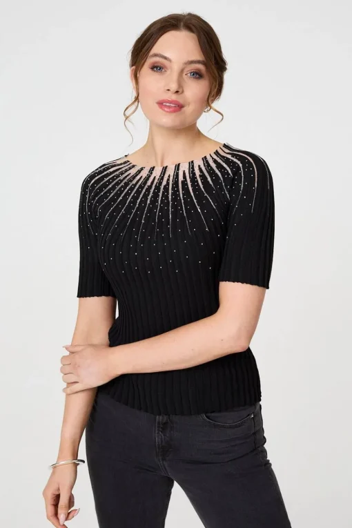Sequin Embellished Short Sleeve Knit Top