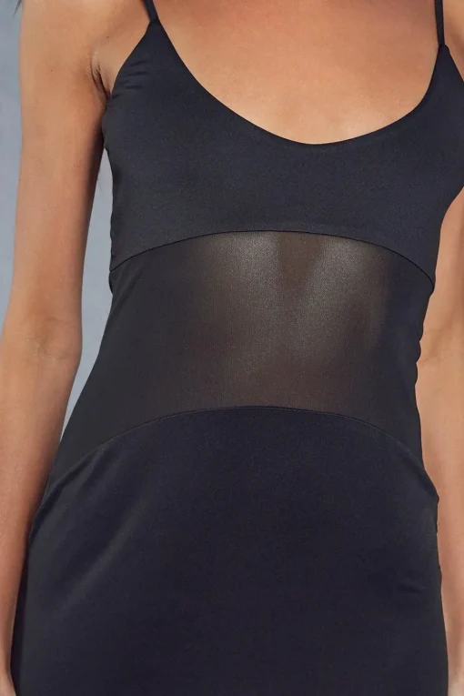 Sheer Mesh Insert Strappy Plunge Bodycon Maxi Dress