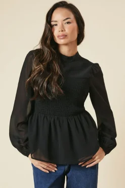 Shirred Front And Back Long Sleeve Blouse