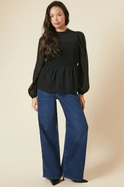 Shirred Front And Back Long Sleeve Blouse