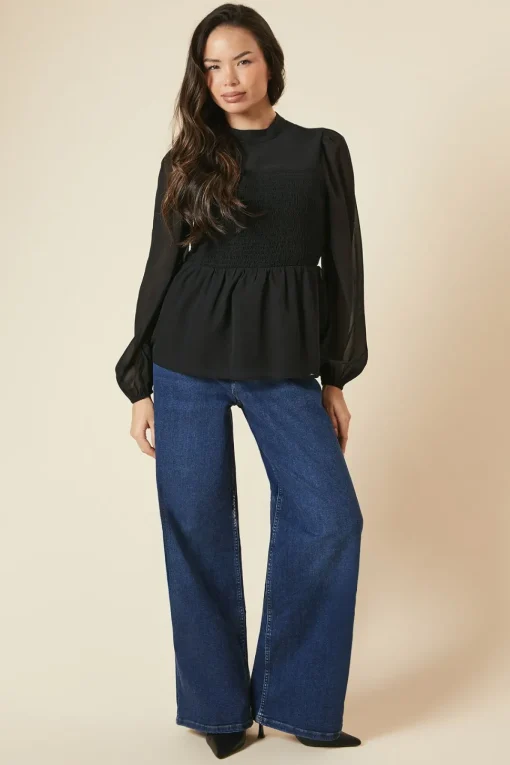 Shirred Front And Back Long Sleeve Blouse