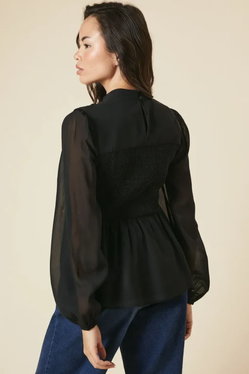 Shirred Front And Back Long Sleeve Blouse