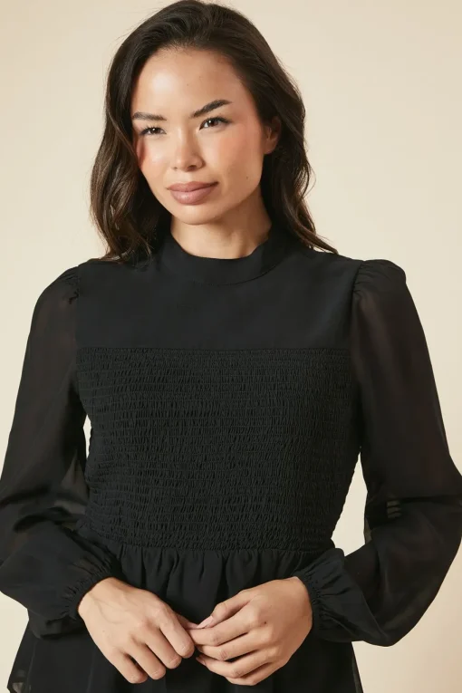 Shirred Front And Back Long Sleeve Blouse
