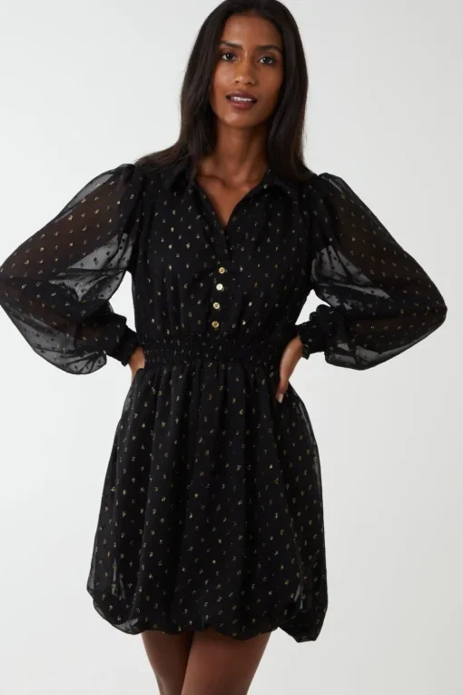 Shirred Waist & Puff Hem Shirt Dress