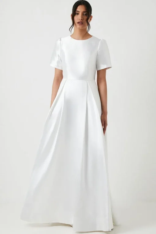 Short Sleeve Bow Back Twill Wedding Dress
