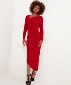 Simple Long-Sleeved Bodycon Dress with Asymmetric Neck and Hem