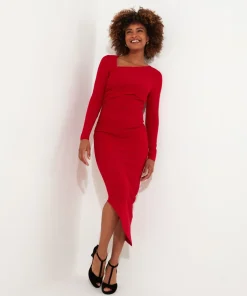 Simple Long-Sleeved Bodycon Dress with Asymmetric Neck and Hem