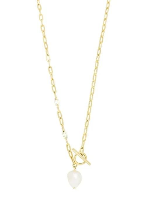 Simply Silver Gold Plated Sterling Silver 925 Baroque Pearl Chain T-Bar Necklace