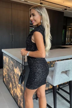 Sleeveless High Neck Sequin Ruched Bodycon Mini Dress