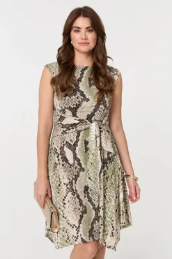 Snake Print Boat Neck Hanky Hem Short Dress