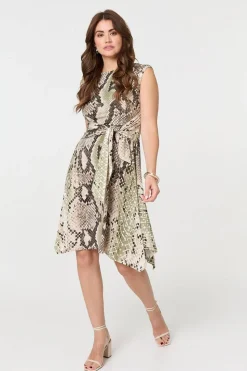 Snake Print Boat Neck Hanky Hem Short Dress