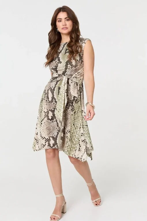 Snake Print Boat Neck Hanky Hem Short Dress
