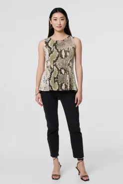 Snake Print Sleeveless Curve Hem Top
