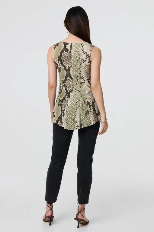 Snake Print Sleeveless Curve Hem Top