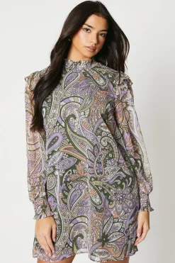 Soft Paisley Ruffle Shoulder Chiffon Mini Dress