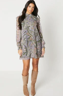 Soft Paisley Ruffle Shoulder Chiffon Mini Dress
