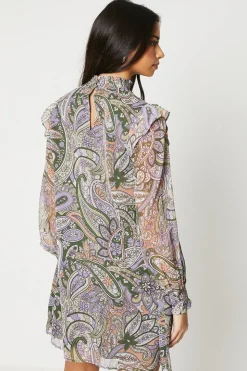 Soft Paisley Ruffle Shoulder Chiffon Mini Dress