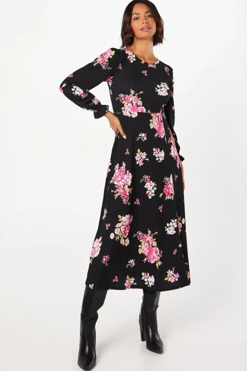 Spaced Floral Long Sleeve Midi Dress