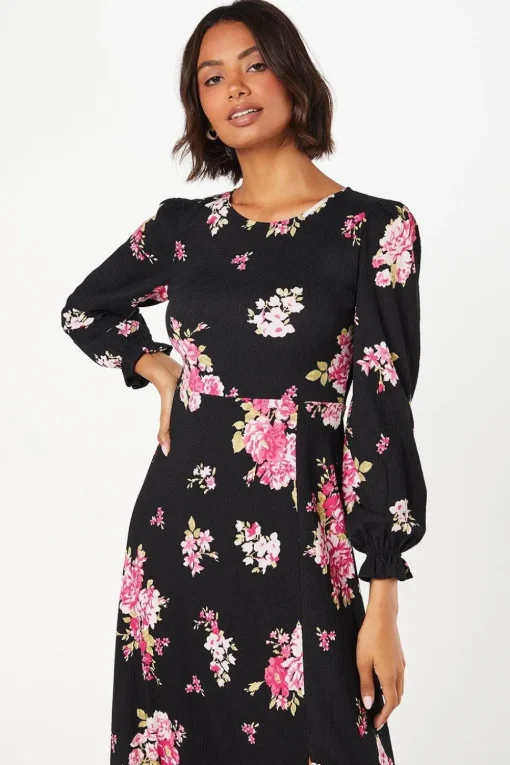 Spaced Floral Long Sleeve Midi Dress