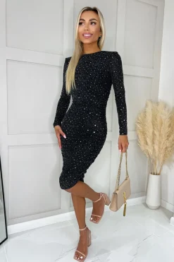 Sparkle And Sequin Long Sleeve Ruched Bodycon Midi Dress