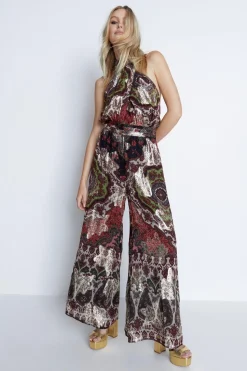Sparkle Border Print Halter Neck Jumpsuit