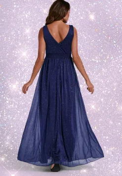 Sparkly V Neck Bridesmaid Maxi Dress In Navy