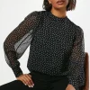Spot Chiffon High Neck Long Sleeve Blouse