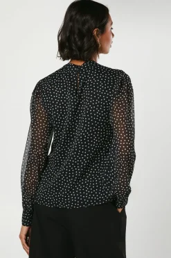 Spot Chiffon High Neck Long Sleeve Blouse