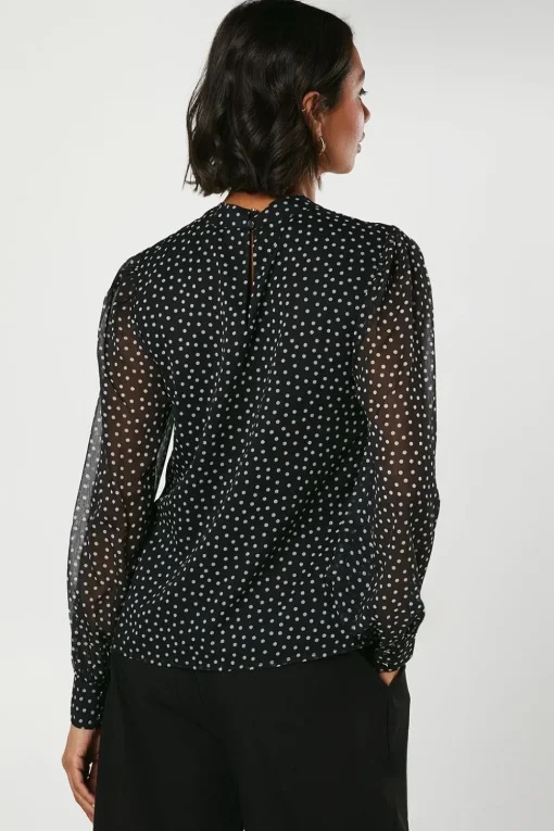 Spot Chiffon High Neck Long Sleeve Blouse