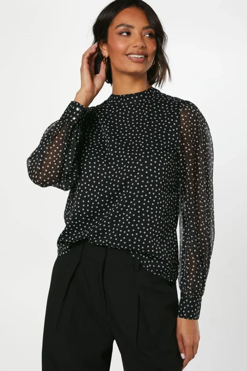 Spot Chiffon High Neck Long Sleeve Blouse
