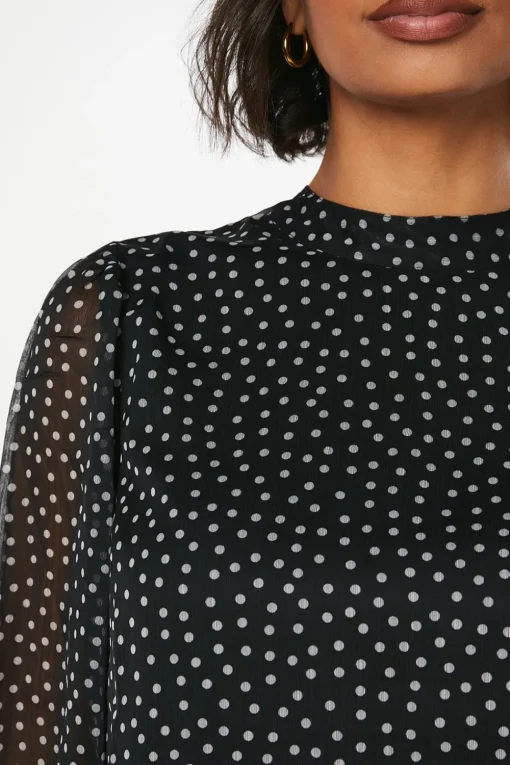 Spot Chiffon High Neck Long Sleeve Blouse