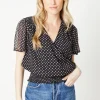 Spot Chiffon Shirred Hem Wrap Blouse