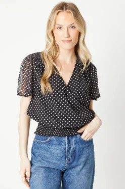 Spot Chiffon Shirred Hem Wrap Blouse