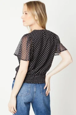 Spot Chiffon Shirred Hem Wrap Blouse