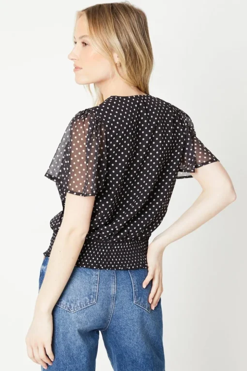 Spot Chiffon Shirred Hem Wrap Blouse