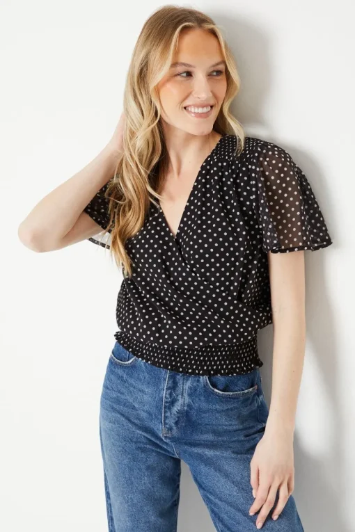 Spot Chiffon Shirred Hem Wrap Blouse