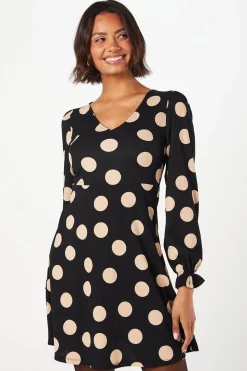 Spot Long Sleeve V Neck Mini Dress