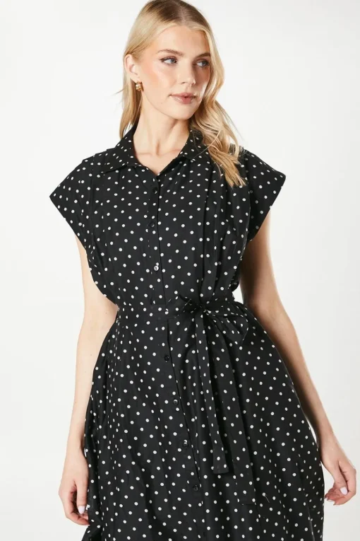 Spot Print Belted Shirt Dress