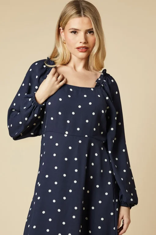 Spot Square Neck Ruffle Midi Dress