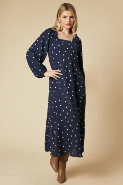 Spot Square Neck Ruffle Midi Dress