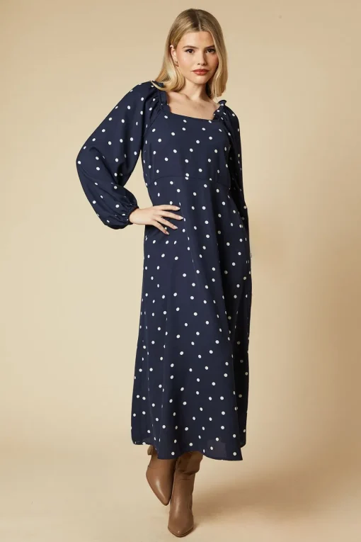 Spot Square Neck Ruffle Midi Dress