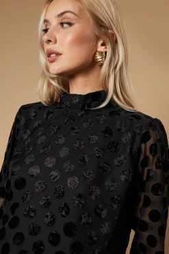 Spot Velvet High Neck Button Detail Blouse