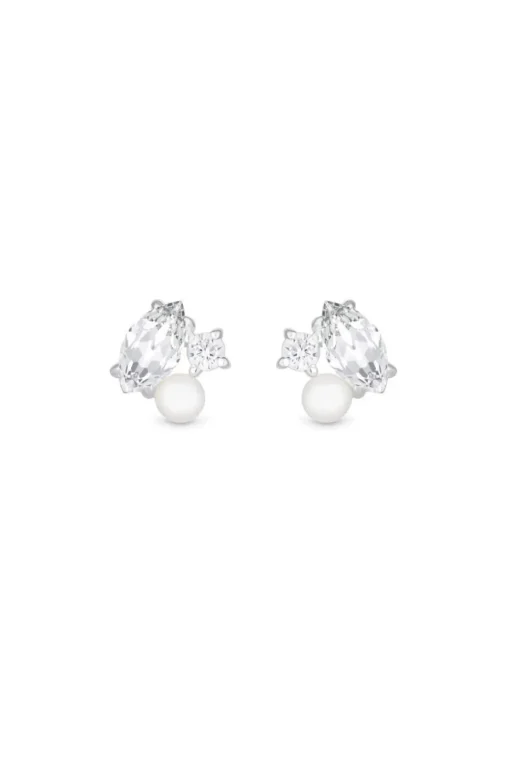Sterling Silver 925 Cubic Zirconia And Freshwater Pearl Multi Stone Stud Earrings