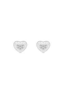 Sterling Silver 925 Polished And Pave Mini Heart Stud Earrings