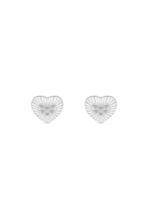 Sterling Silver 925 Polished And Pave Mini Heart Stud Earrings