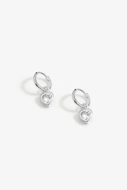 Sterling Silver 925 Polished And Cubic Zirconia Silver Crystal Heart Charm Hoop Earrings