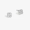 Sterling Silver 925 Polished and Cubic Zirconia Pave Clover Stud Earrings