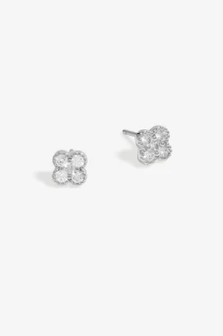 Sterling Silver 925 Polished and Cubic Zirconia Pave Clover Stud Earrings