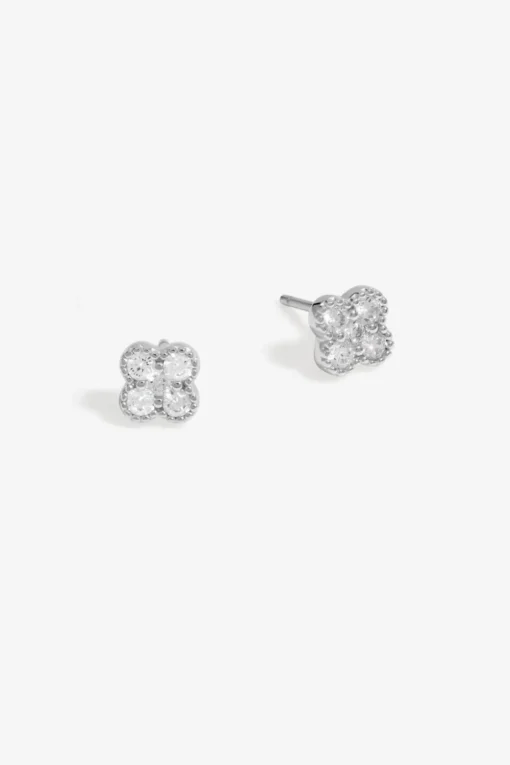 Sterling Silver 925 Polished and Cubic Zirconia Pave Clover Stud Earrings