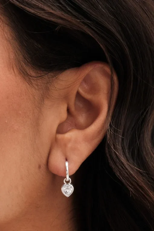 Sterling Silver 925 Polished And Cubic Zirconia Silver Crystal Heart Charm Hoop Earrings